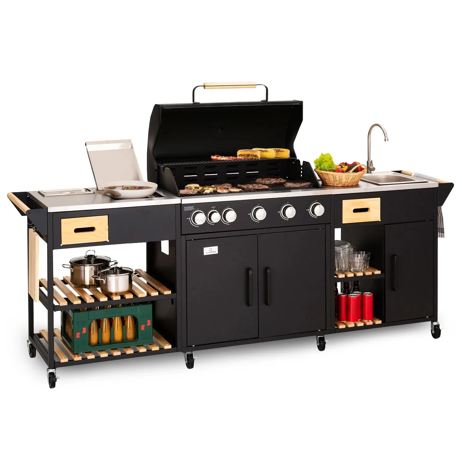 Portable Outdoor Kitchen Island 5 Burner Gas Grill with Side Burner and Sink Foldable Storage Shelf Black BBQ Grills Console