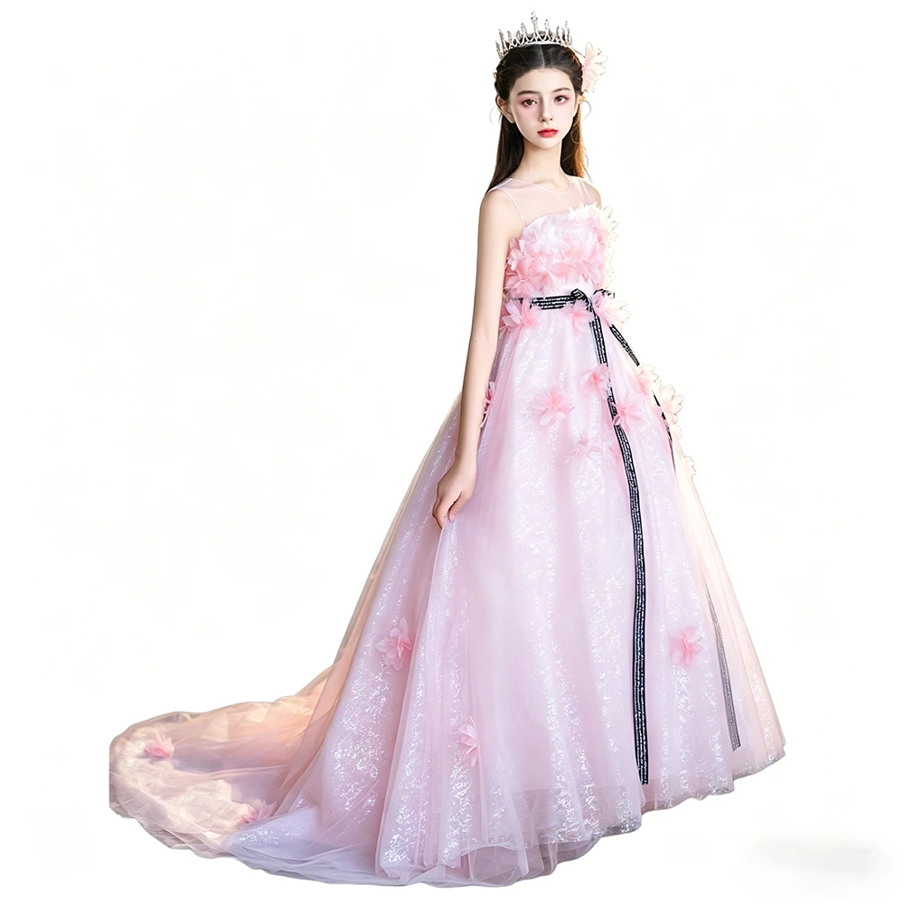 Luxury Princess Sleeveless Appliques Shiny Tulle Model Show And Pageant Long Train Dress For Girls Kids Wedding Party Dresses