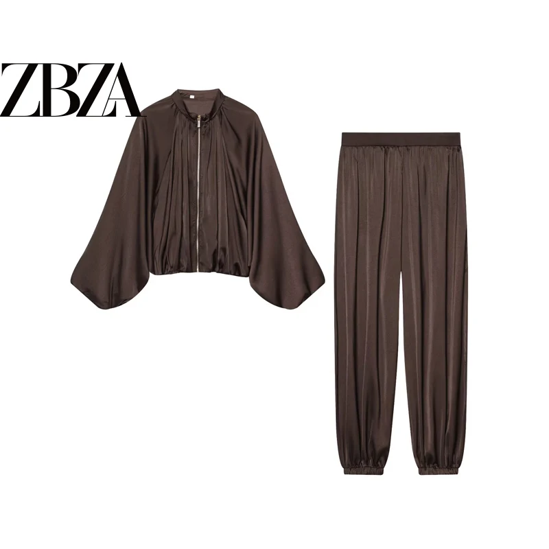 Laziness Style Satin Bubble Sleeve Pilot Jacket And Pants Women's Fashion Set High Waist Long Pants Regular Fit Spring Summer