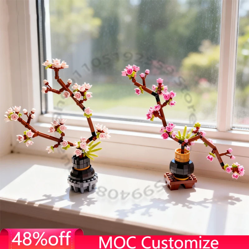 

267 PCS Romantic Pink Cherry Blossom in Vase MOC Customize Modular Building Block Creative Design DIY Boys Toy Christmas Gift