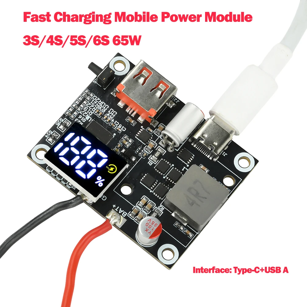 65W 3S/4S/5S/6S Powerbank Schnellladungsmodul, DIY-Leiterplatte mit Bidirektionaler Typ-C+USB-Schnittstelle