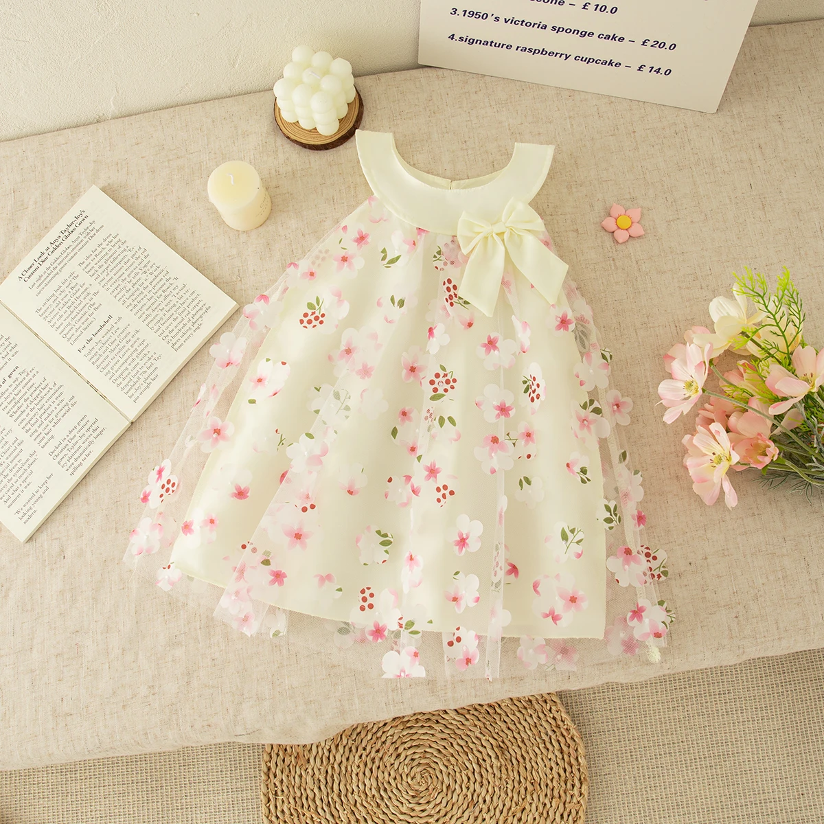 طفلة فستان الصيف زهرة القوس أكمام فتاة فستان لطيف شبكة فتاة فستان الأميرة ملابس الطفل فتاة ﻿