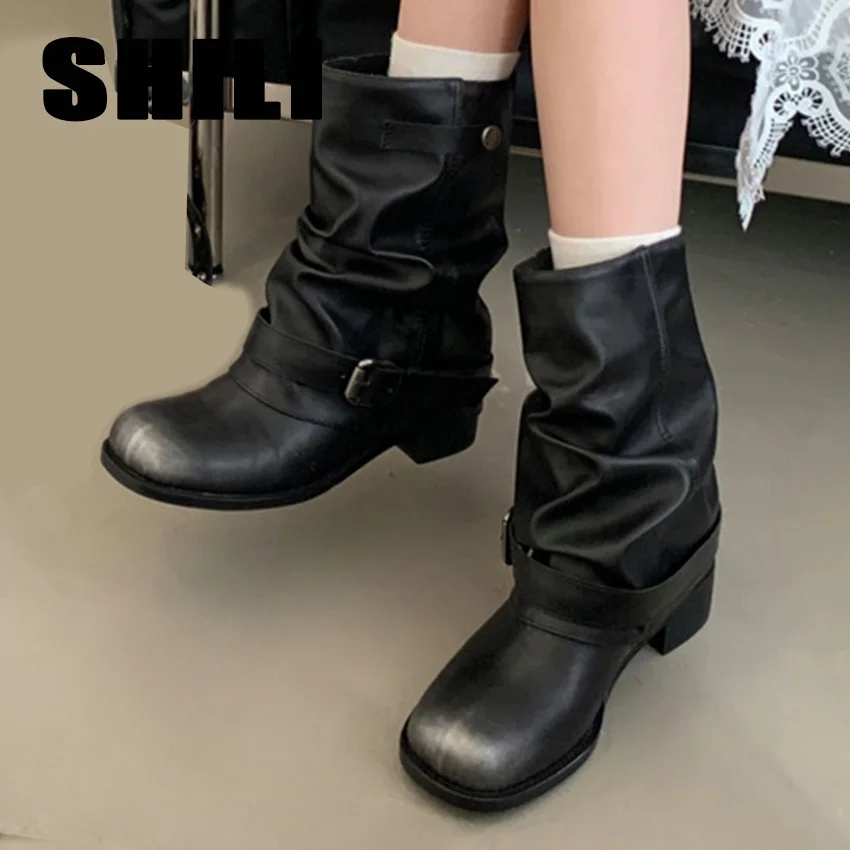 Designer Western Cowboy Women's Short Boots Thick Heel Buckle Ankle Boots for Women Black Knight Boots Botas Feminina сапоги