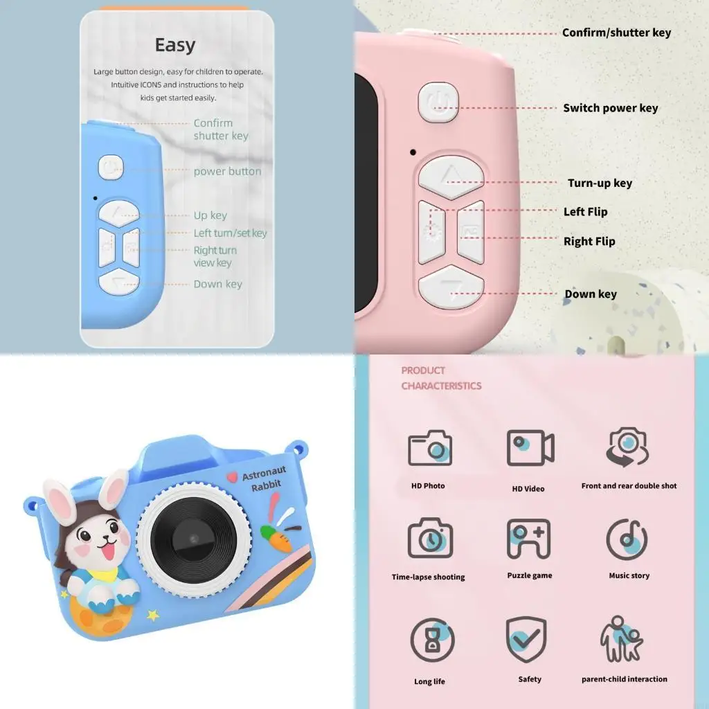 

D7YD Shockproof Kids Camera With Double Cameras Auto Focusing 28 Photo Frames Music Playback Learning Games Easy Grip Design