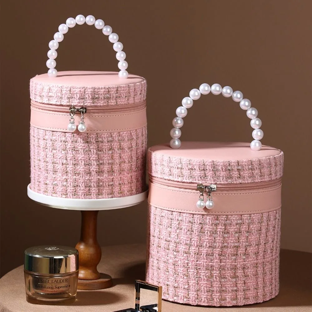 

Portable Large Capacity Makeup Bag Nylon with Mirror Travel Toiletry Bags Round Bucket Cosmetic Storage Pouch