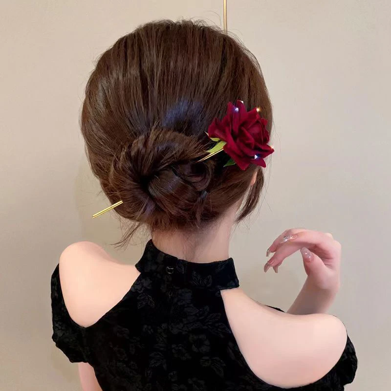 New Romantic Rose Flocking Hairpin Flower Hair Sticks With Rhinestone For Women Bridal Floral Hair Clip Headwear Jewellery