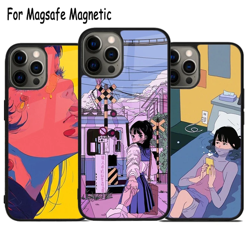 Vaporwave Glitch Anime Wireless Charge Magsafe Phone Case For iPhone 15 16 14 13 11 12 Pro Max Plus Magnetic Bumper Cover