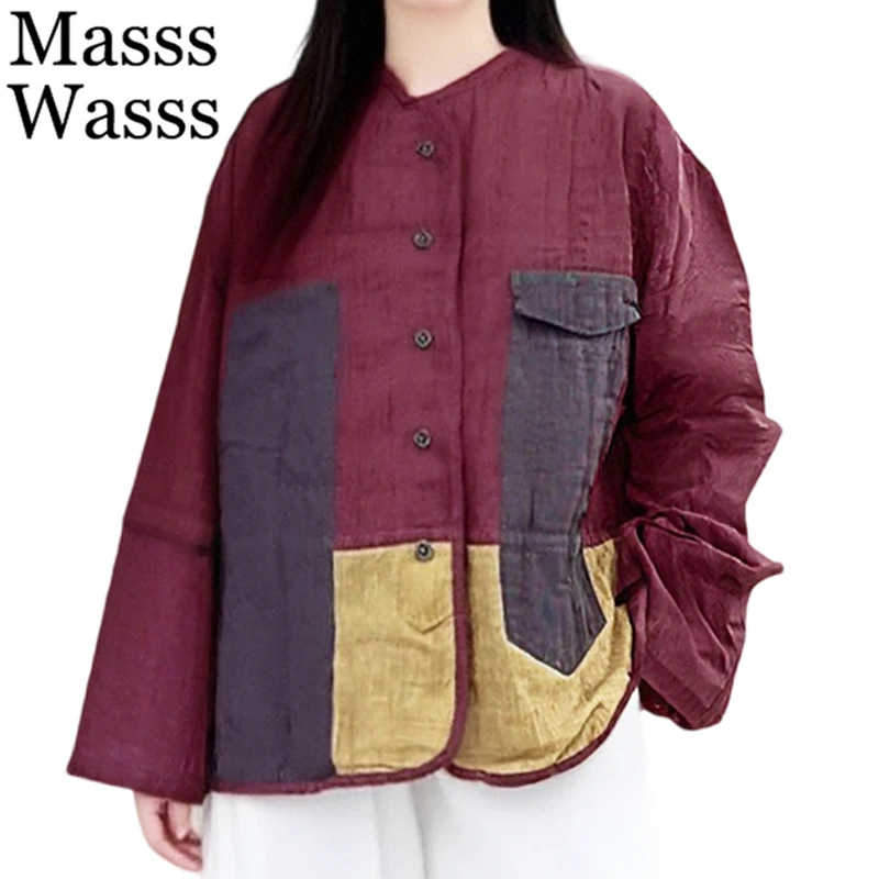 

Женские винтажные классические льняные рубашки Masss Wasss 2026: летние модные свободные блузки в стиле пэчворк, корейский дизайн, повседневные топы
