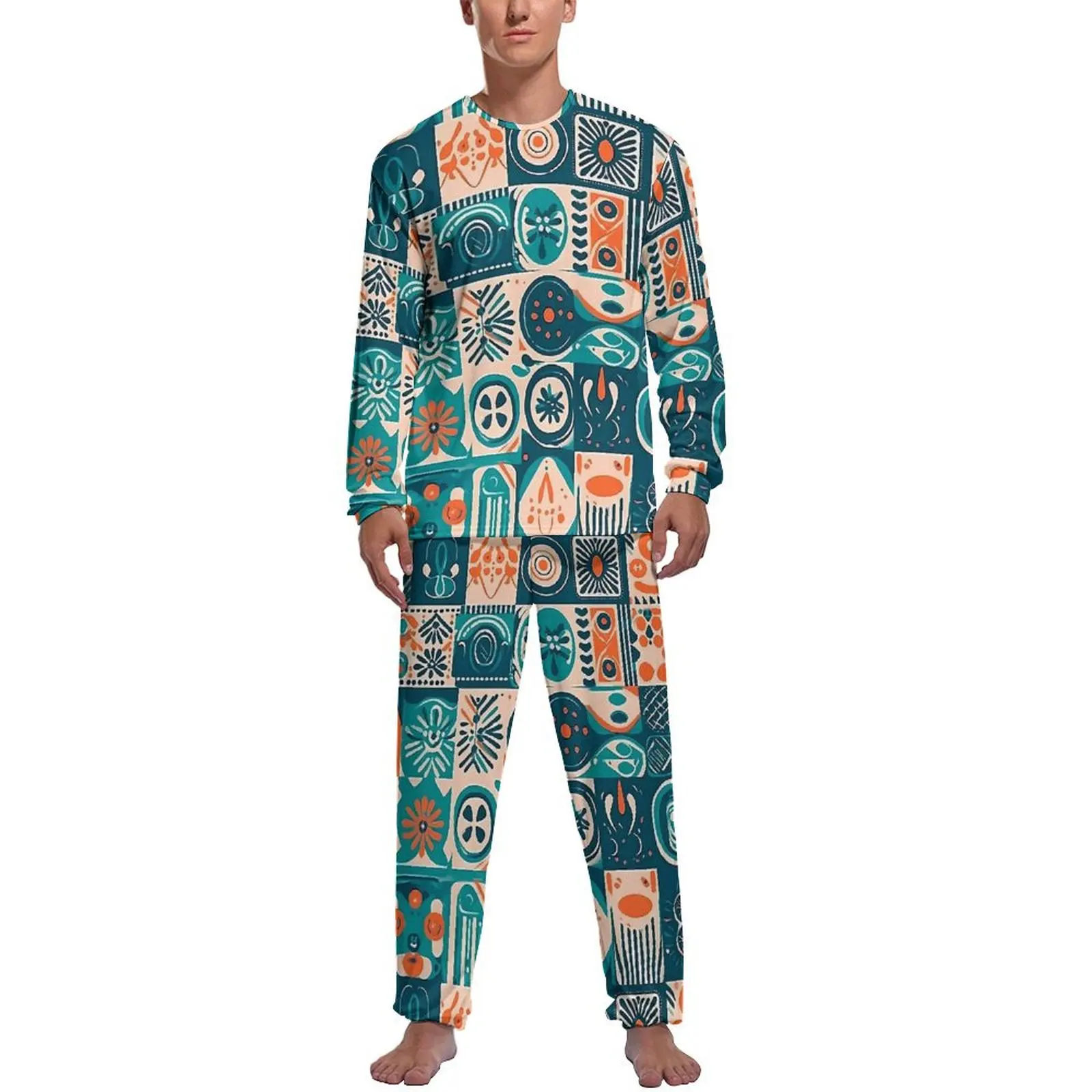 

Ethnic Tribal Icon Pajamas Winter 2 Pieces Patchwrok Print Kawaii Pajama Sets Male Long Sleeve Casual Design Sleepwear