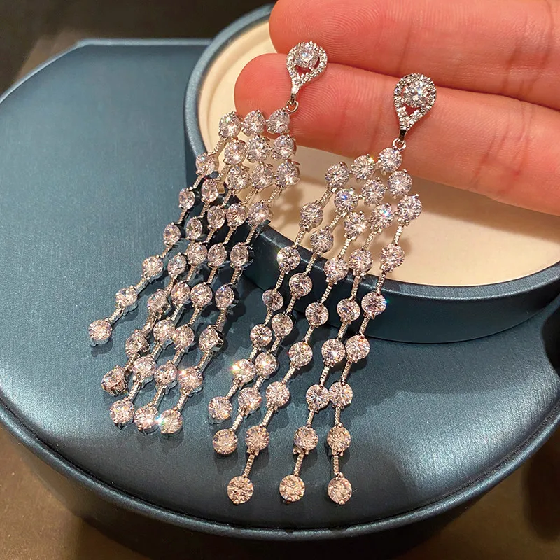 

Zircon tassel long temperament fashion light luxury earrings