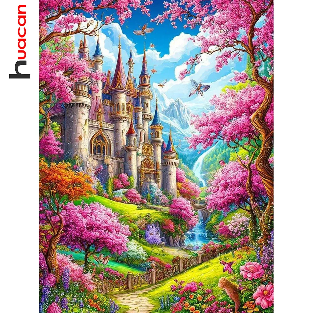 Huacan Diamantmalerei Frühlingsblumen-Schloss Diamantmosaik Landschaft Neue Kollektion Bild aus Strasssteinen