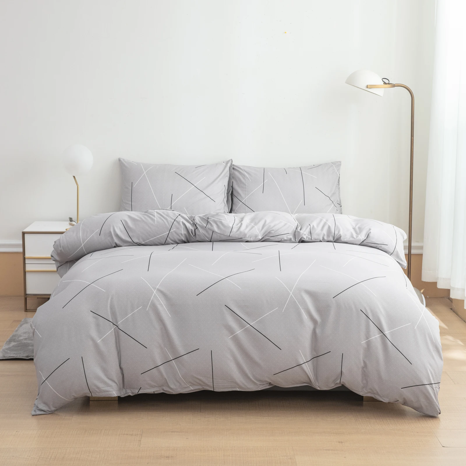 Light Gray Line Print Bedspread 3-Piece Set, Ultra-Soft, Comfortable and Breathable Bedding Duvet Set, Suitable for Bedrooms and Guest Rooms (Bedspread + Pillowcases, Without Quilt and Pillow Core) for All Seasons, Machine Washable