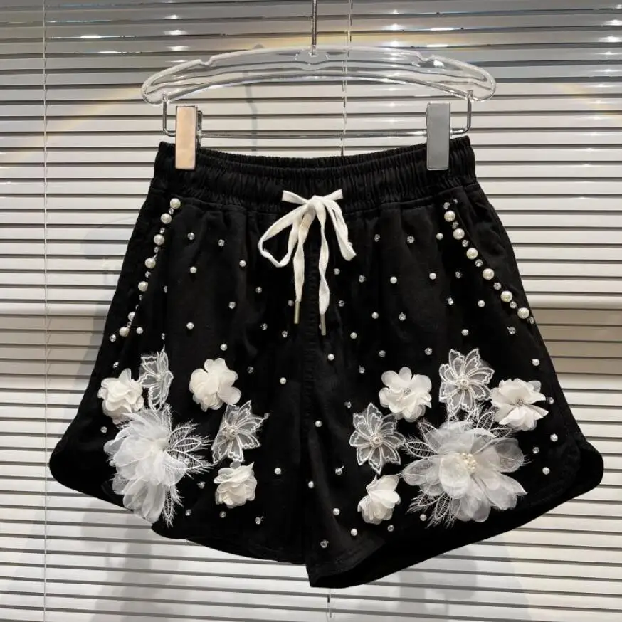 

Pearl Beaded Mesh Three-Dimensional Flower Denim Shorts Women 2022 New Summer Elastic Waist Casual Loose Jean Shorts s59