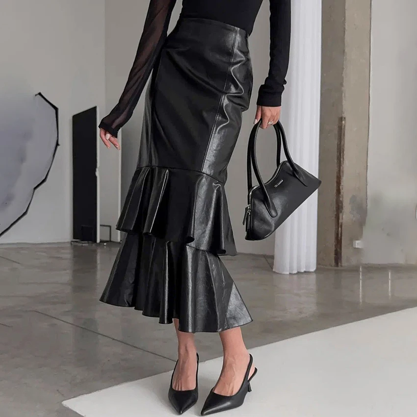 

Linad Street Chic, черные длинные многослойные юбки из искусственной кожи для женщин, элегантная юбка-труба с высокой талией, повседневные юбки с оборками, женская осень 2023 г.