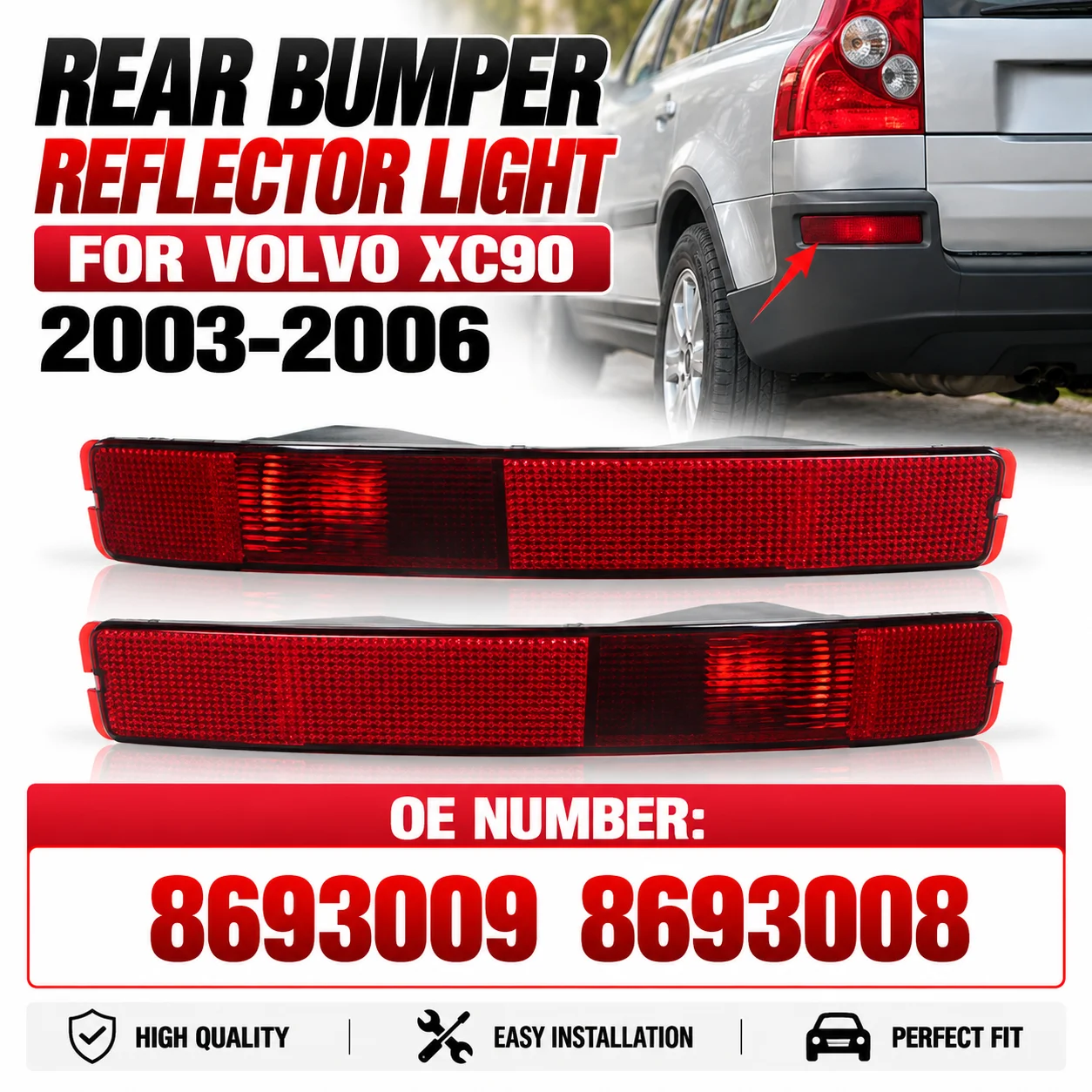 For 2003 2004 2005 2006 Volvo XC90 Rear Bumper Reflector Warning Reflective Strip 8693009 8693008