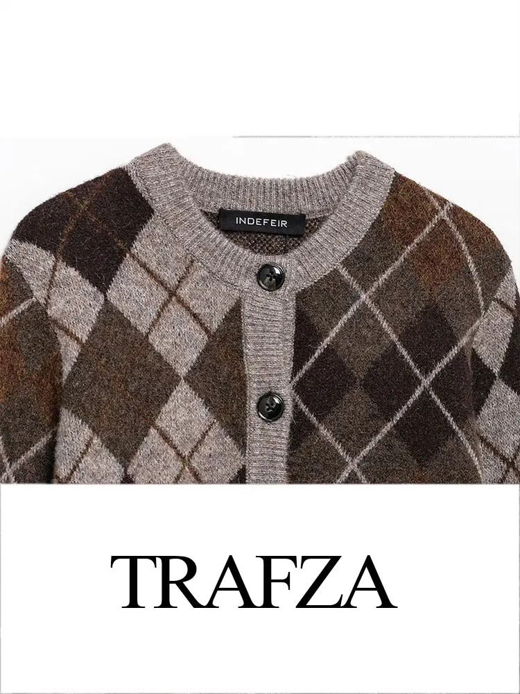 TRAFZA ฤดูใบไม้ร่วงผู้หญิง Chic Rhombus ถักเสื้อสเวตเตอร์ถักแฟชั่นรอบคอ Single-breasted Buttoned ผู้หญิงลําลอง TOP