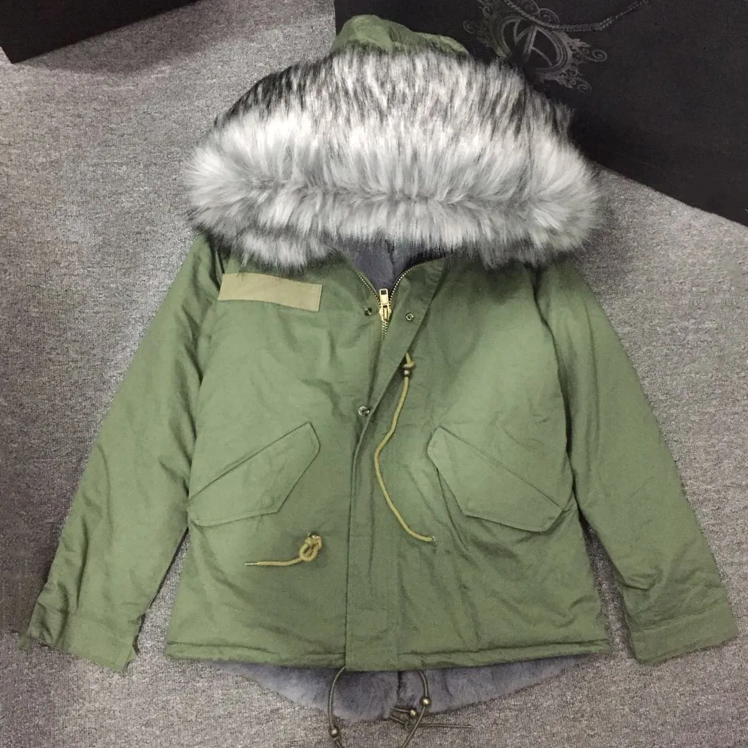 High Quality All Gray Faux  Fur Parka Winter Short Thick Warm Coat Unique Faux Fur Collar Overcoat