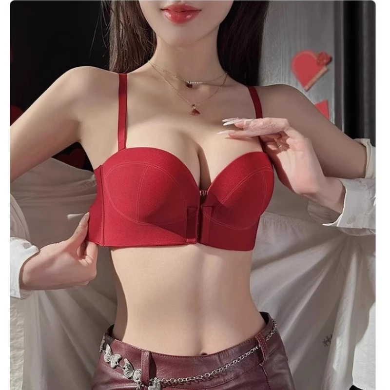 طقم حمالة صدر بإغلاق أمامي من الدانتيل باللون الأحمر من MOYISU | ملابس داخلية رافعة للصدر بدون حمالات مضادة للانزلاق ملابس داخلية مثيرة للنساء AB #3