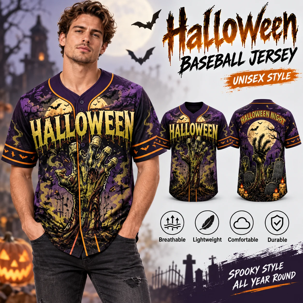 2026 Halloween Baseball Jersey Men 3D Pumpkin Graveyard Print Short Sleeve Button Shirt Unisex Horror Party Streetwear Clothes