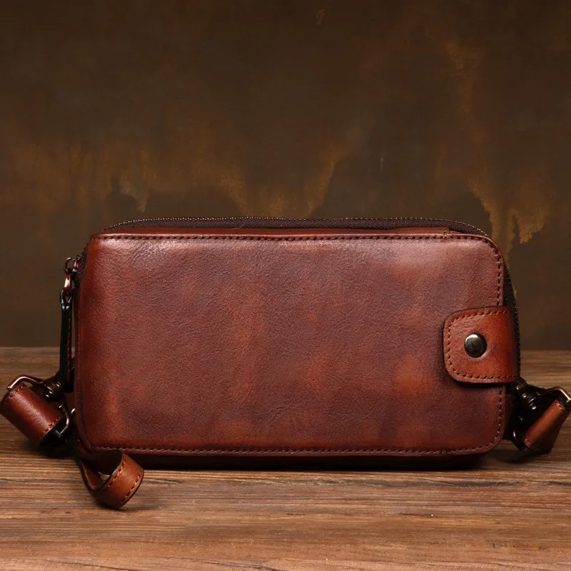 Handmade men's handbag vegetable tanned cowhide clutch bag multifunctional retro leather shoulder crossbody mobile phone bag