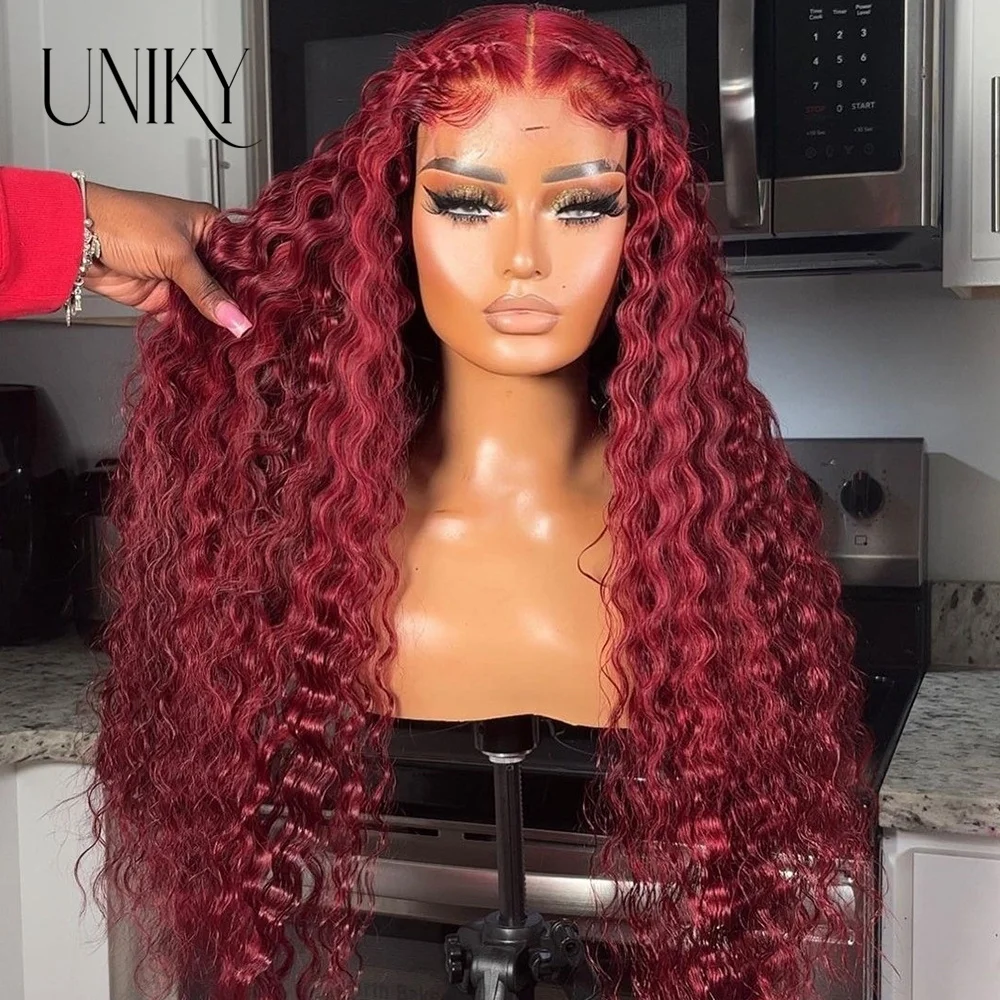 99J Burgundy Deep Wave 12A Lace Frontal Human Hair Wig For Women Glueless Transparent Human Hair Lace Frontal Wig Pre Plucked