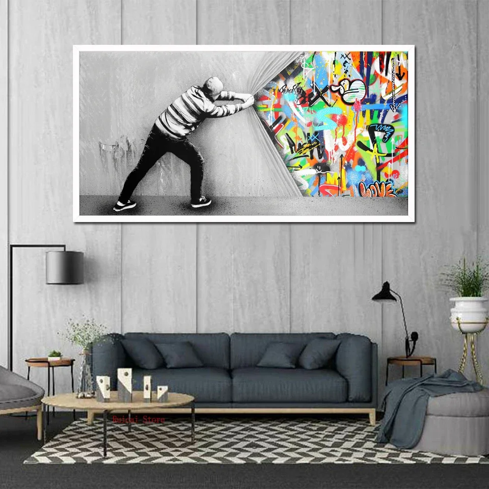 Graffiti Wall Art Behind The Curtain Canvas Poster Prints Wall Art Pictures For Living Room Home Decor Gift