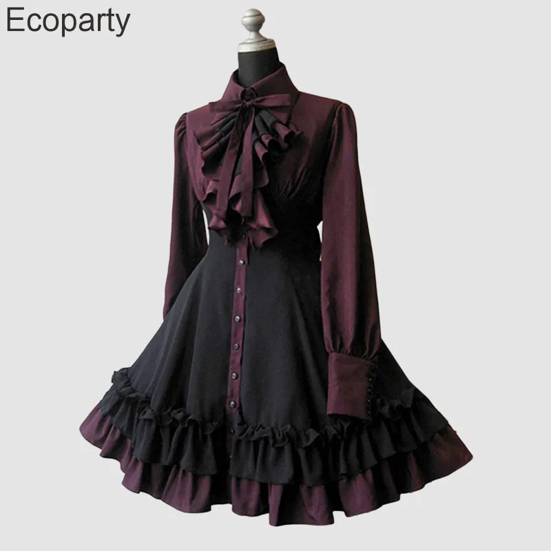 

2023 Women's Gothic Lolita Dresses Renaissance Elegant Vintage Long Sleeved Shirt Bow Ruffled Patchwork Dresses Retro Vestidos