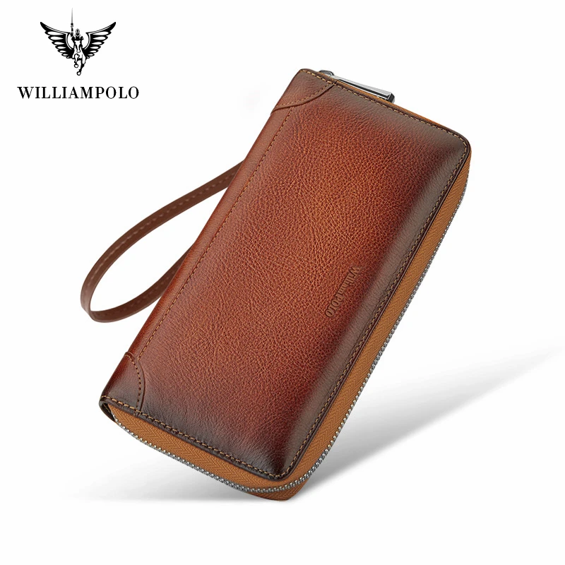 

WILLIAMPOLO Men Wallets Genuine Leather Rfid Card Holder Male Purse Zipper Large Capacity Brand Clutch Wallets for Men