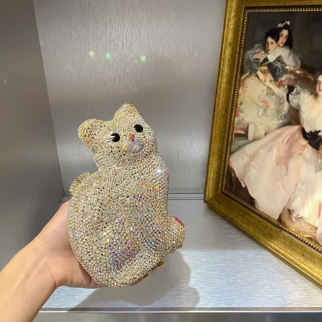 Gold Cute Cat Shape Women Handbag Wedding Party Crystal Rhinestones Diamond Clutch Purse Luxury Glitter Evening Bag Shoulder Bag - Image 3