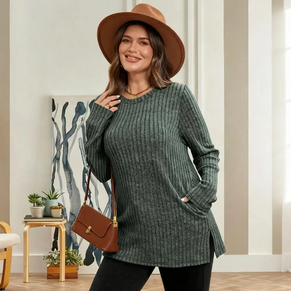 

Women Knitted Tops Versatile Striped Hidden Pocket Tunic Tops Round Neck Long Sleeve Knit Tops Side Pockets Casual Striped Blous