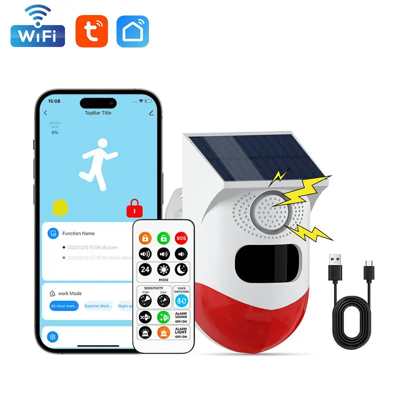 Tuya WiFi Infrared Motion Solar Alarm Sensor Waterproof Detector Solar Outdoor PIR Wireless Siren Sound Alarm Remote Control