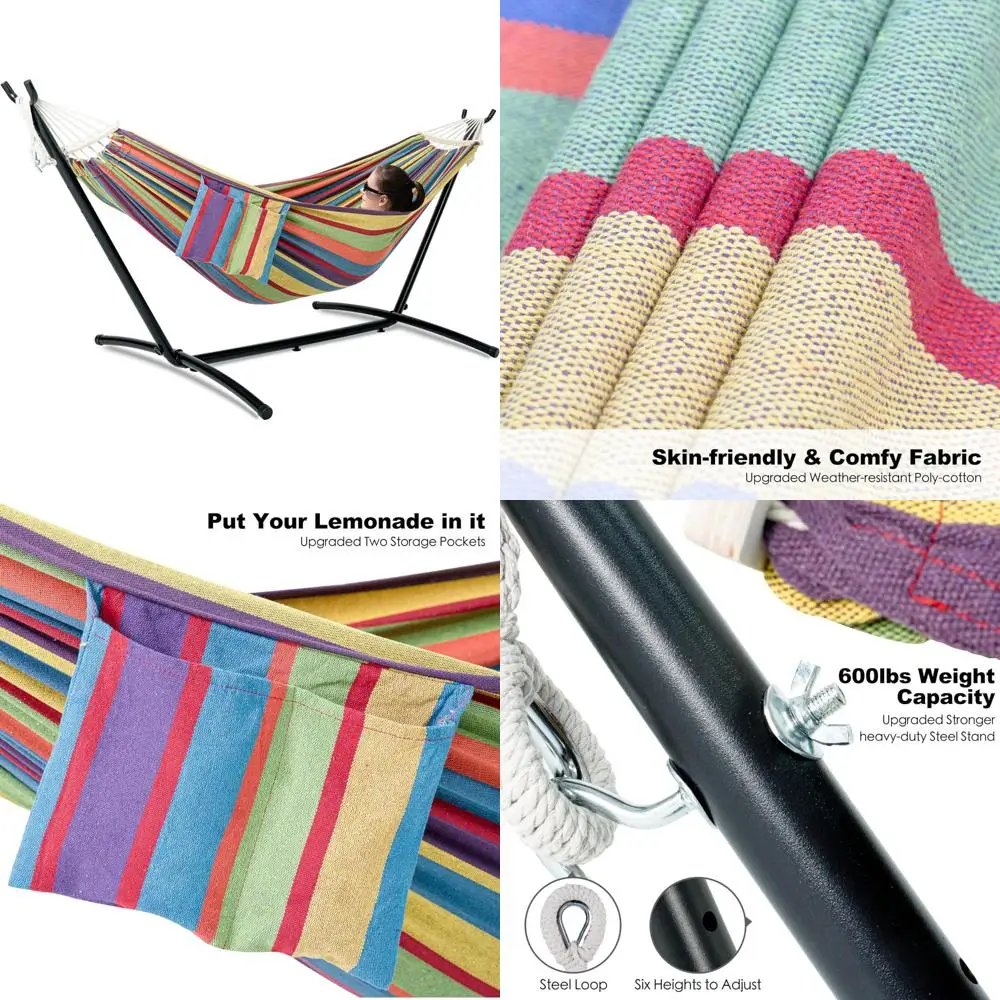 

Double Hammock with Stand for Outside, Upgraded Spreader Bar, Heavy Duty Space Saving Steel Stand 2 Person, Side Pockets, Easy A