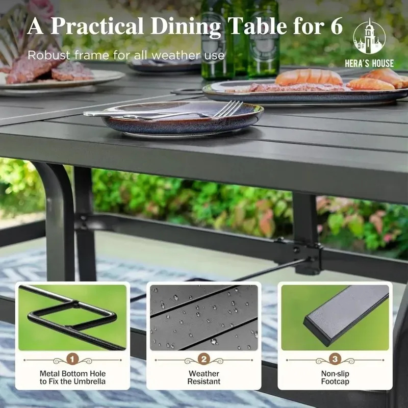 

60" x 38" Rectangular Steel Frame Outdoor Dining Table for 6 with Umbrella Hole
