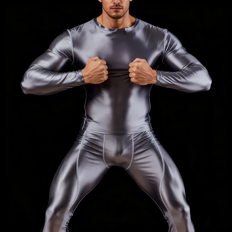 Men Oil Smooth Sports Running Tracksuits Casual Fitness Leggings Stretch Tights Quick-Dry Long-Sleeve Tops Nine-Point Pants Sets