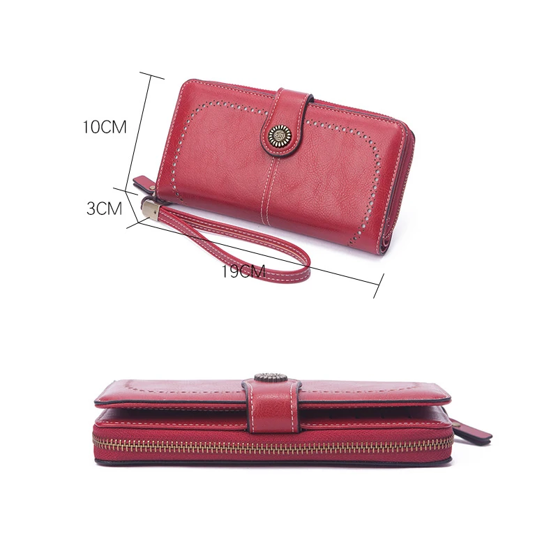 RFID anti-theft Retro Large Capacity Long Wallet Card Holder Women's Purse Multi-function Zipper Wallet with Wrist Strap