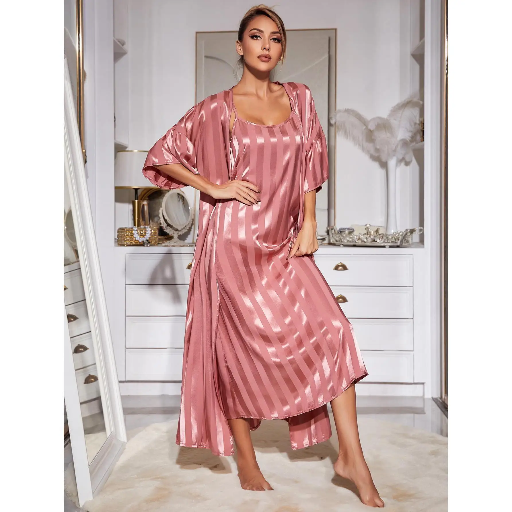 Conjunto de pijama Sexy para mujer, ropa de dormir con tirantes, vestido de seda, ropa de casa de lujo con estampado de tiras, albornoz, traje de 2 piezas