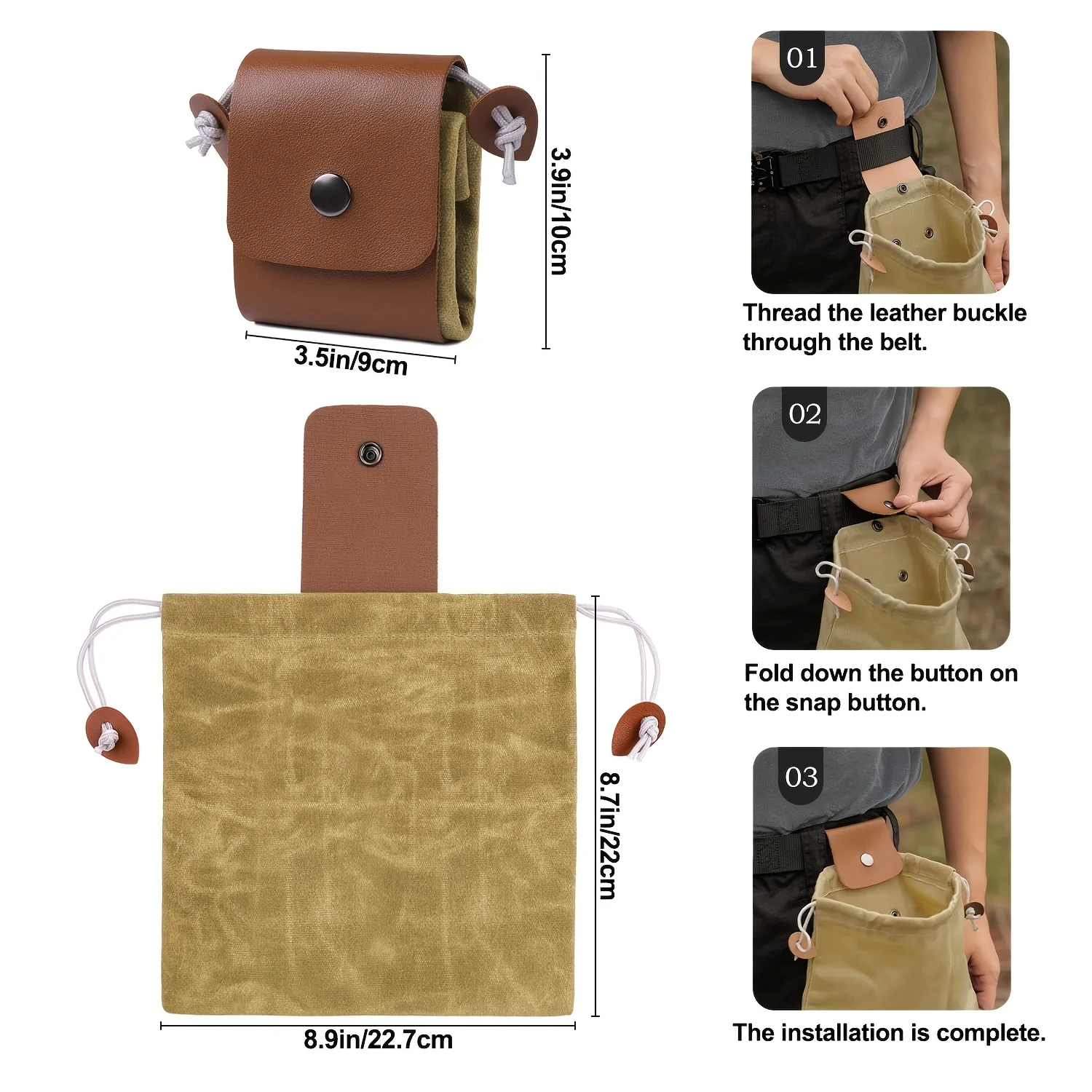 Canvas Foraging Drawstring Pouch, Belt‑Mount Mushroom Berry Collecting Bag, Outdoor Storage Sack for Hiking Camping & Dog Treats