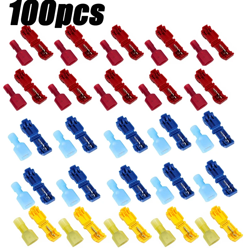 100pcs T-type quick connection terminal blocks, nylon insulated, three color set, with wire stripper, 22-18, 16-14, 12-10AWG,