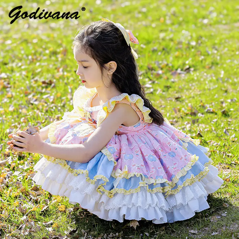 Sweet Baby Girls Heavy Handmade Dopamine Lolita Princess Dress Kids Summer New Sleeveless Lace Bow Print Ruffle Trim Ball Gown