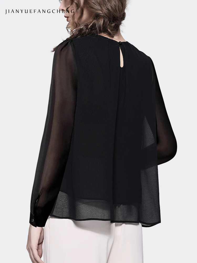 Fashion Sequined Black Chiffon Blouse Women Long Sleeve O-Neck Pull On Top Loose-fitting Casual Lightweight Spring Summer Tops