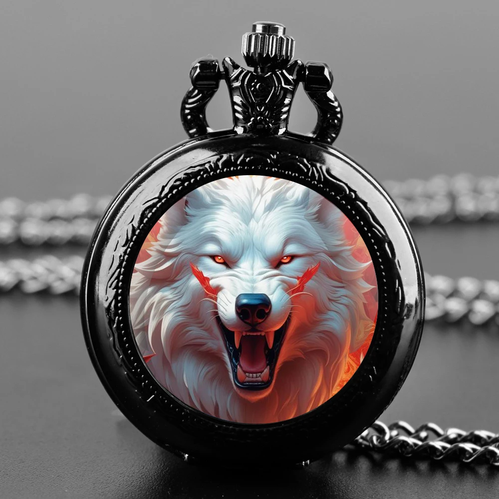 Vintage Cool White Wolf Pattern Design Quartz Necklace Pocket Watch Chain Watches Gift for Women Men FOB Clock Necklace Jewelry