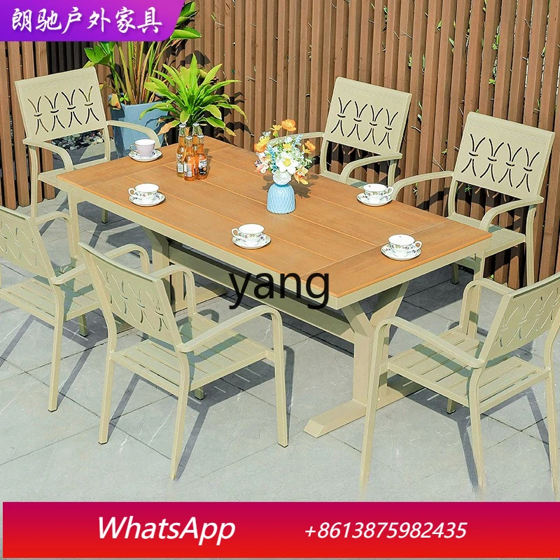 LMM outdoor plastic wood tables and chairs preservative wood outdoor villa courtyard leisure dining table combination