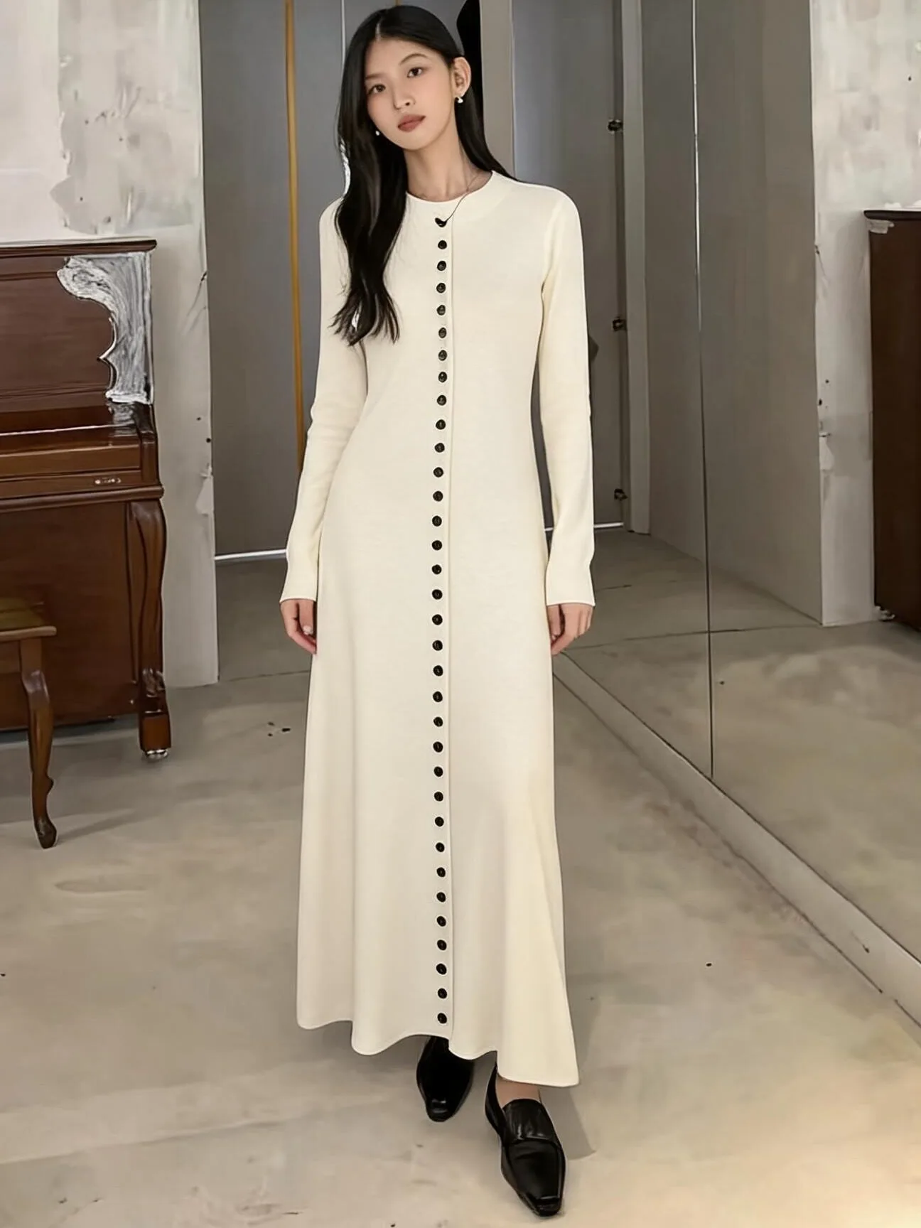 Elegant Knitted Dress Women's Knee-Length Slimming Waist Design Autumn Fashion Korean Style Casual Versatile All-Season Dress