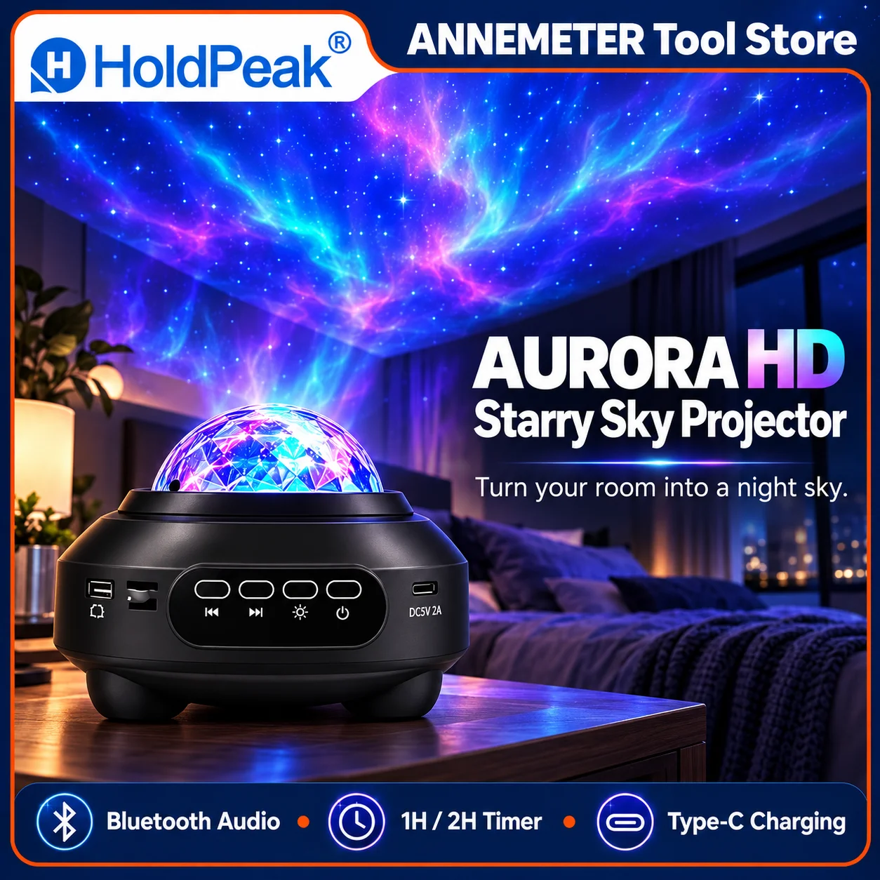 HoldPeak Aurora HD Black Galaxy Projector with Bluetooth Speaker, 48 Light Effects, App & Remote Control, 1H/2H Timer