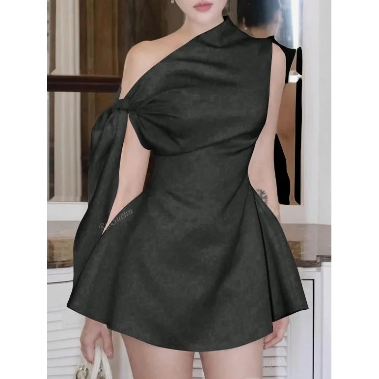 Fashionable Short Pure Color Single Shoulder Sleeveless Splice Wrap Women's Dress Stylish Trendy  Dress for Ladies