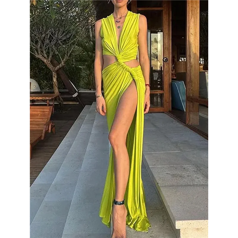 CGS-Damenkleid, hohles langes Kleid, hohles Twist-Schlitzsaum, tiefer V-Ausschnitt, enges, unregelmäßiges Kleid
