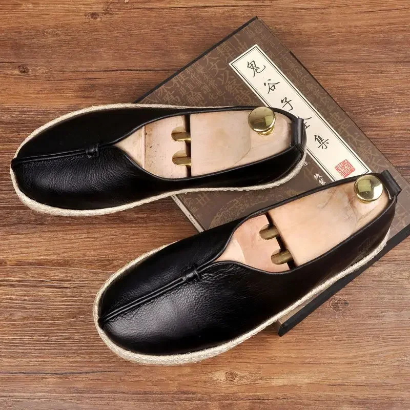 Genuine Leather Vintage Wing Chun Kungfu Shoes Chinese Traditional Shoes Wushu Tai Chi Old Peking Casual Flat Shoes Loafers