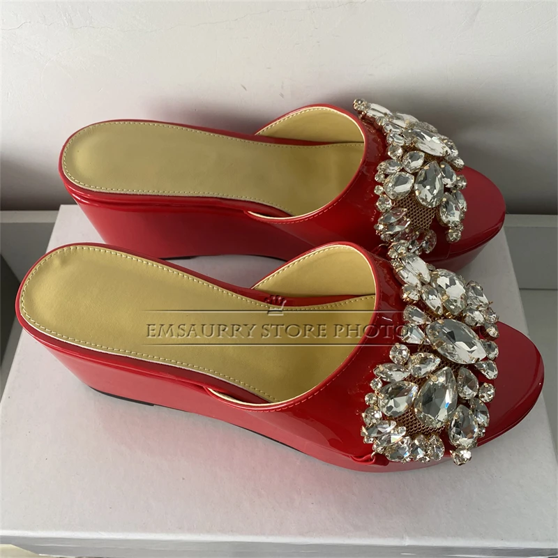 Luxury Rhinestone Diamond Buckle Decor Mules Quality Patent Leather Slingbacks High Platform Wedges Summer Sandals Women