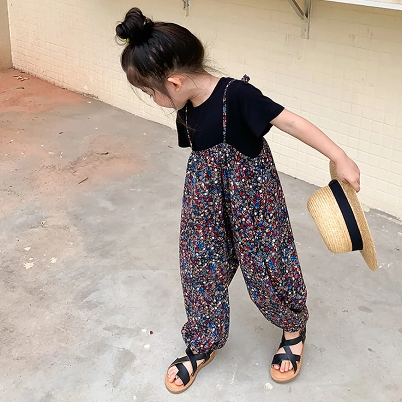 2026 Summer Baby Girls Cotton Black Tee Top+All-Over Floral Print Lace Up Jumpsuit Kids Slip Bodysuit 2PCS Set Children Outfit
