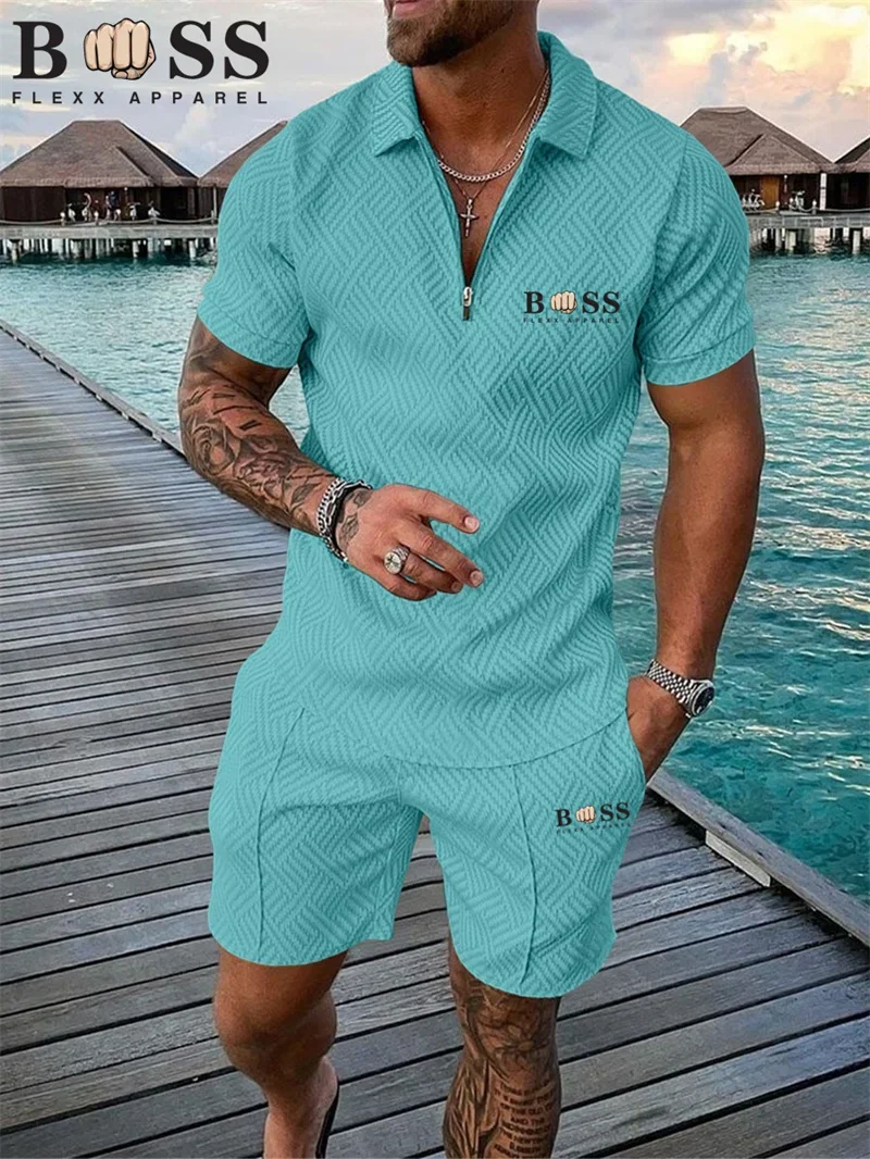 Conjunto de camisa polo e shorts de manga curta masculina, zíper gola v, cor sólida, moda casual, verão, novo, 2024